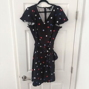 Lane Bryant Plus Size 16 Polka Dot Ruffle Sleeve Belted‎ Dress Navy Pockets